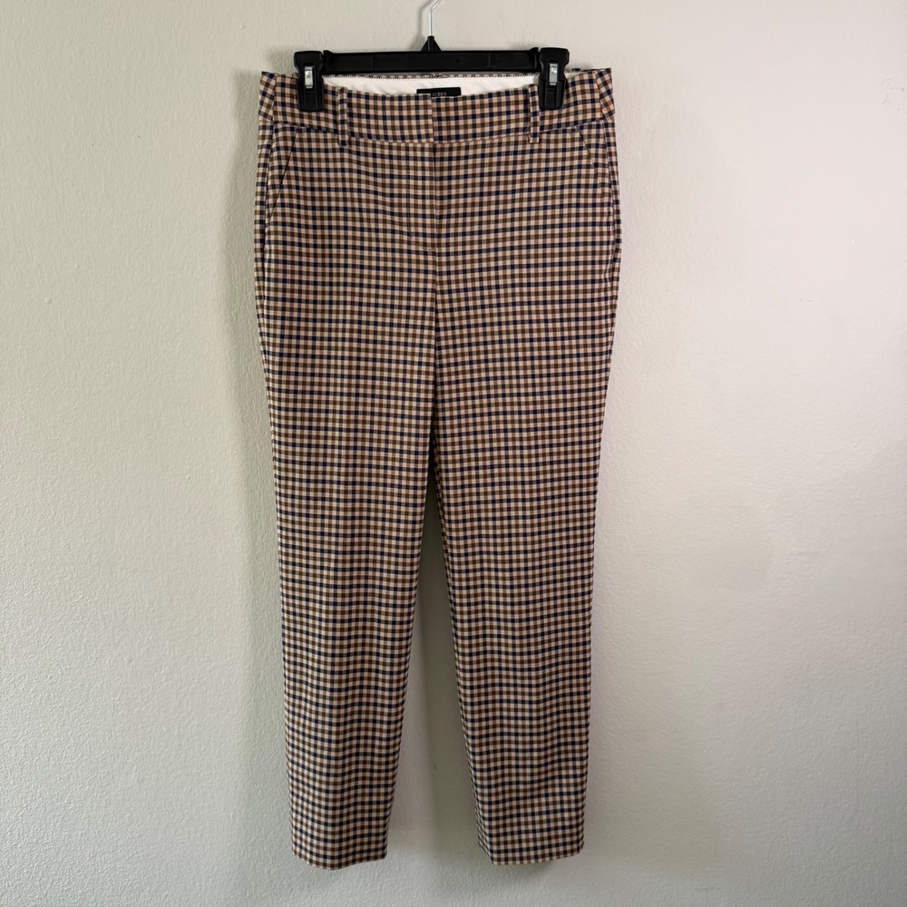 J.Crew Martie Pants Size 2 Navy Tan Gingham Italian Stretch Wool Tollegno 1900